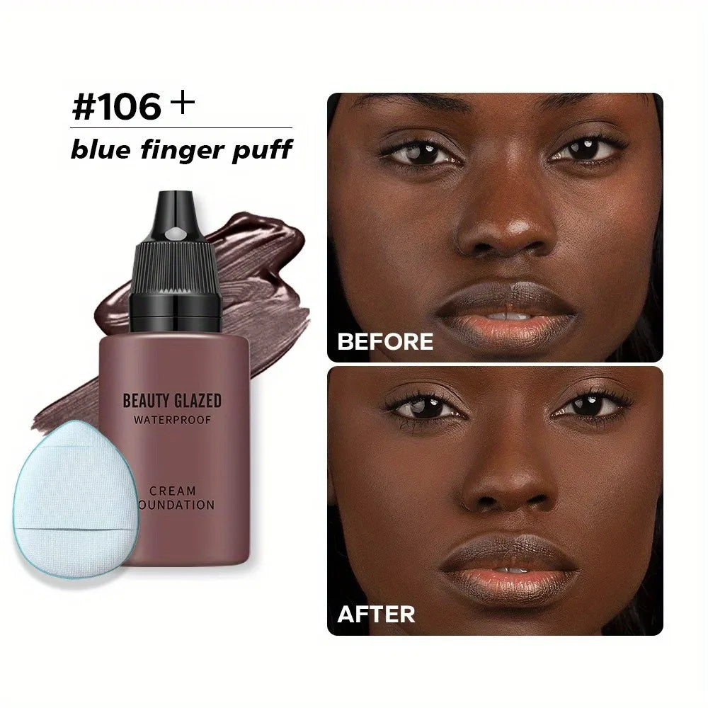 Blushimmer 2024 liquid matte foundation with blue puff, full coverage, waterproof, natural finish, and included applicator puff.
