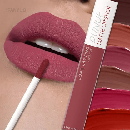 Blushimmer non-stick liquid lipstick in dark purple with matte velvet finish, long-lasting, waterproof, and fade-resistant lip gloss.