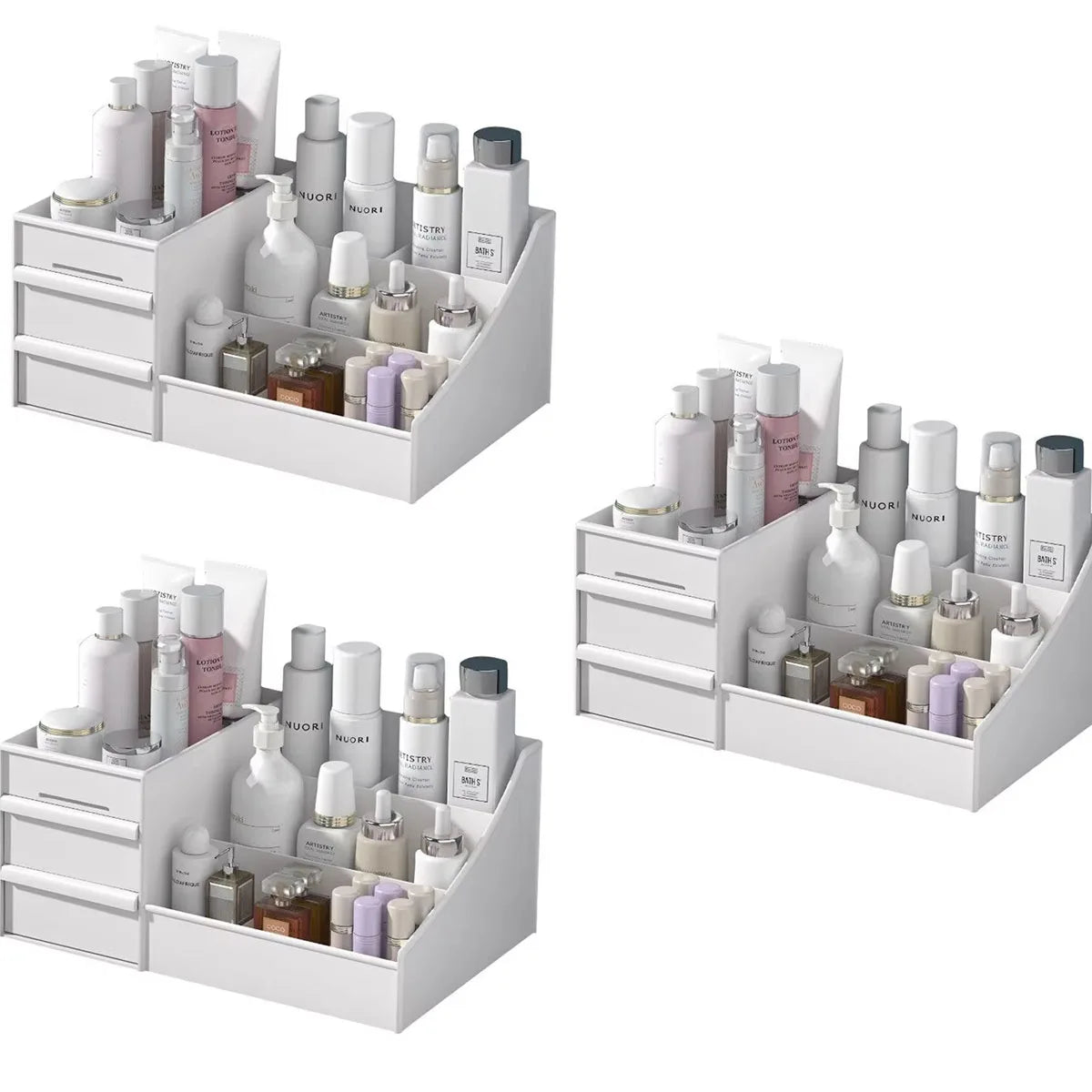 White Blushimmer makeup storage drawer box with plastic shelf for cosmetics, skincare, and dressing table organization.