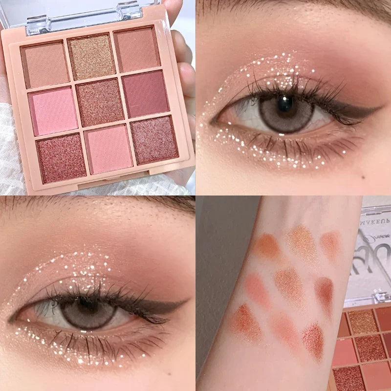 Blushimmer warm winter eyeshadow palette featuring nine earth tone shades, including orange and brown, in a milk tea color scheme.