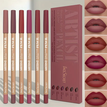 Blushimmer 6-piece velvet matte lip liner set with long-lasting, non-drying pencils in various shades for defining lips.