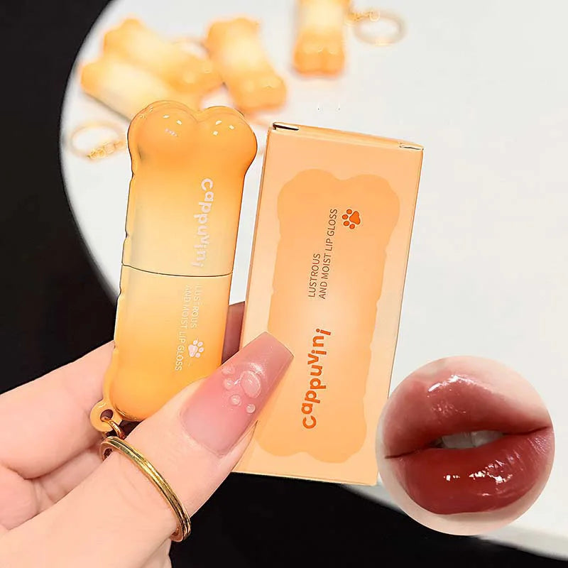Blushimmer PINKCOCO Bear Doodle Mirror Lip Glaze with shiny nude finish, long-lasting gloss, and skin-brightening effect, ideal for students