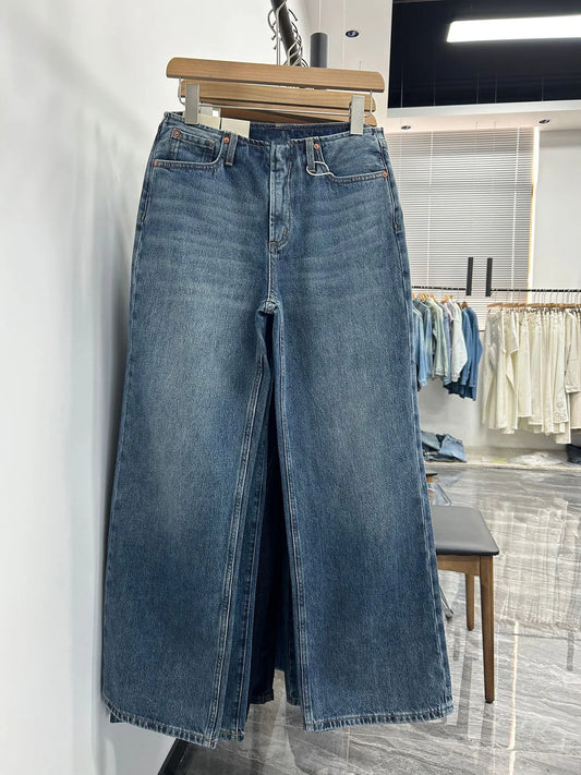 Women Denim Pants Waiveless Design Loose Lady Slightly Flared Straight Long Jeans 2025 Autumn