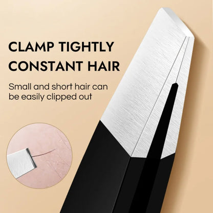 Black stainless steel eyebrow tweezer by Blushimmer with slant and flat tips for eyebrow shaping and ingrown hair removal.