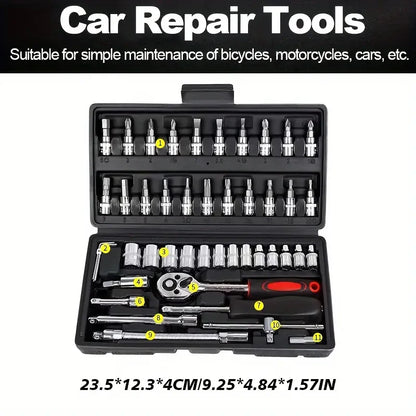 Hi you: 46 piece car repair tool kit: ratchet torque wrench, wrench, screwdriver, socket set combination - perfect for bicycle a