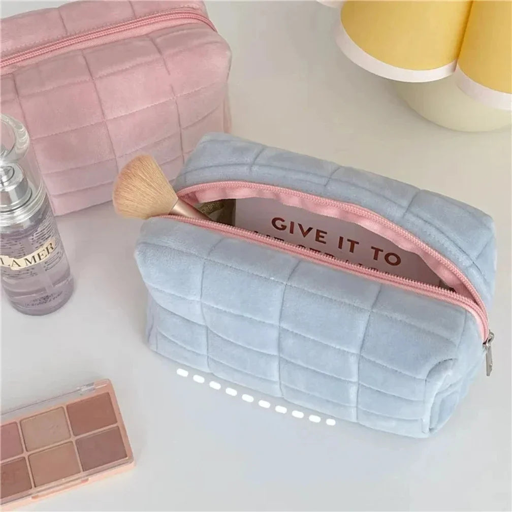 Large Blushimmer solid fur cosmetic storage bag with zipper, makeup organizer and travel toiletry pouch for women.