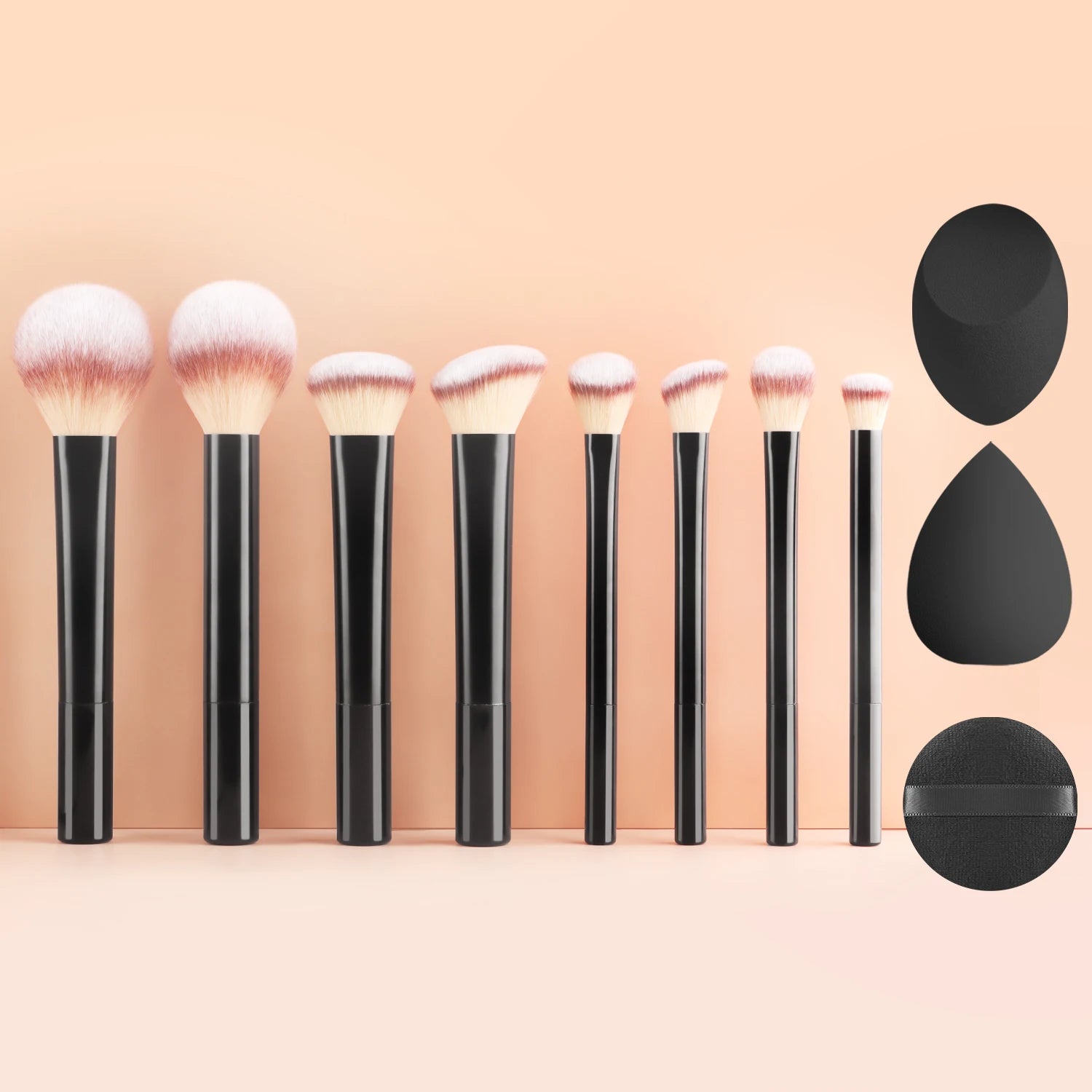  8Pcs Black Long Tube Light Bristle Face Eye Brush Set + 2 Beauty Sponges 1 Puff, Powder/Blush/Eyeshadow Brush
