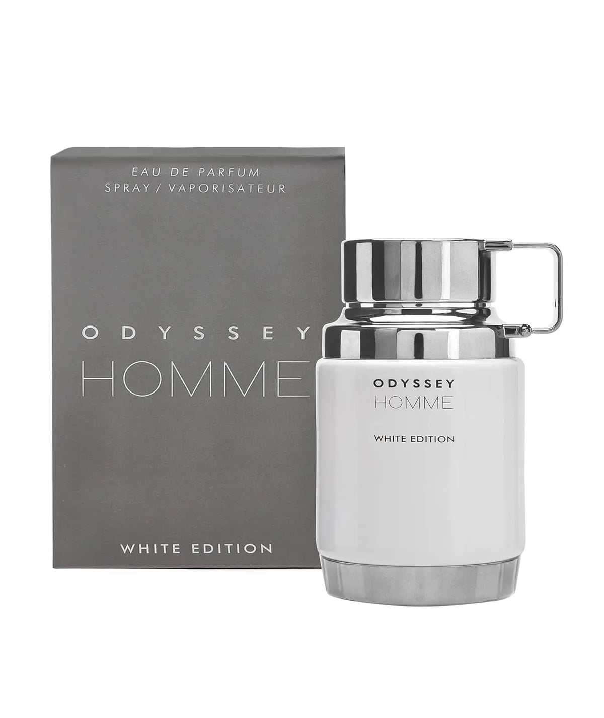 Armaf Odyssey Homme White Edition men's Eau De Toilette spray, 3.4 ounces, with sleek white bottle and sophisticated fragrance design.