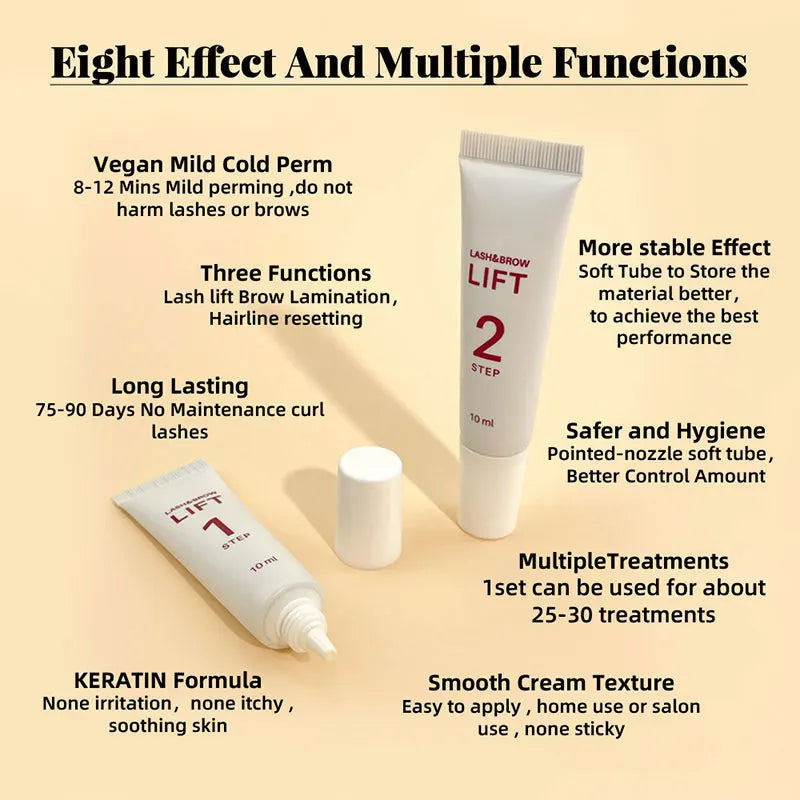 Blushimmer 2-piece lash lift kit with 10ml perm lotion tubes for brow lamination and eyelash lifting, including fixation and setting steps