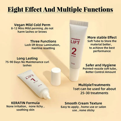 Blushimmer 2-piece lash lift kit with 10ml perm lotion tubes for brow lamination and eyelash lifting, including fixation and setting steps
