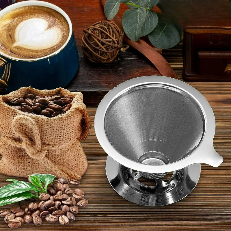 Pour Over Coffee Dripper,Metal Paperless Reusable Coffee Filter,Double Mesh Stainless Steel Cone Filter for Single Cup Brew