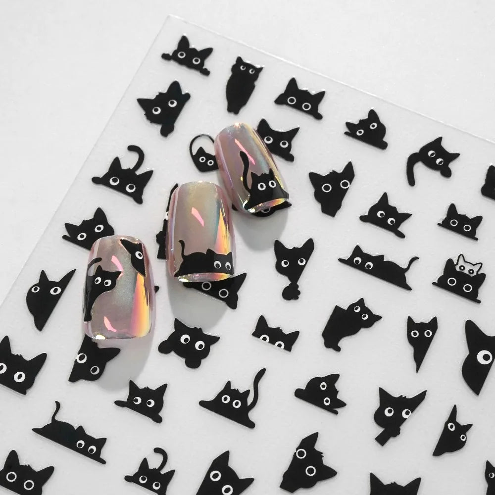 Black cat 3D self-adhesive nail art decals by Blushimmer, featuring cute cartoon animal designs for manicure decoration.