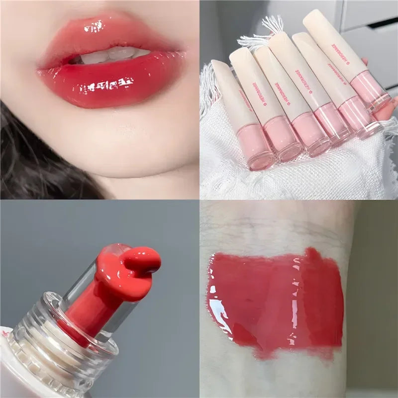 Blushimmer Crystal Jelly Lip Gloss in water-like liquid form with a glossy finish, perfect for moisturizing and plumping lips.