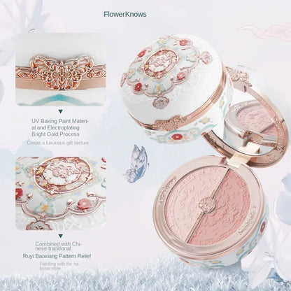 Blushimmer Flower Knows Blusher Butterfly Cloud Collar duo with peach matte finish for dark skin cheeks, includes blush boxes.
