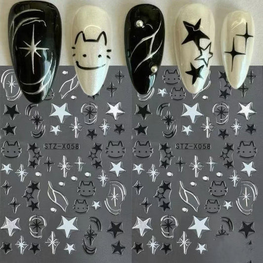 Black silver cat and dog nail sticker decals from Blushimmer, featuring cute cartoon animal designs for manicure nail art decoration.