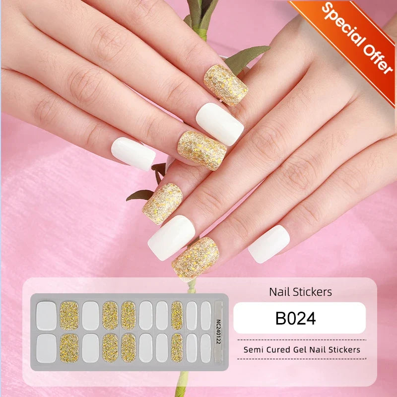 Blushimmer 20 Tips gradient French semi-cured gel nail sticker set with full cover nail gel wraps for manicure, UV lamp required