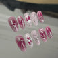 Blushimmer 24-piece wine red almond press-on nails with cartoon rabbit, bowknot, plaid, pearl designs, French style for girls