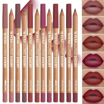 Set of 6 velvet matte lip liners by Blushimmer in shades of berry, brown, and pink, displayed on a neutral background.