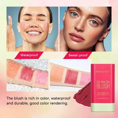 Blushimmer makeup blush stick with bright pink color, creamy waterproof formula, easy to apply, enhances skin tone with high color payoff.