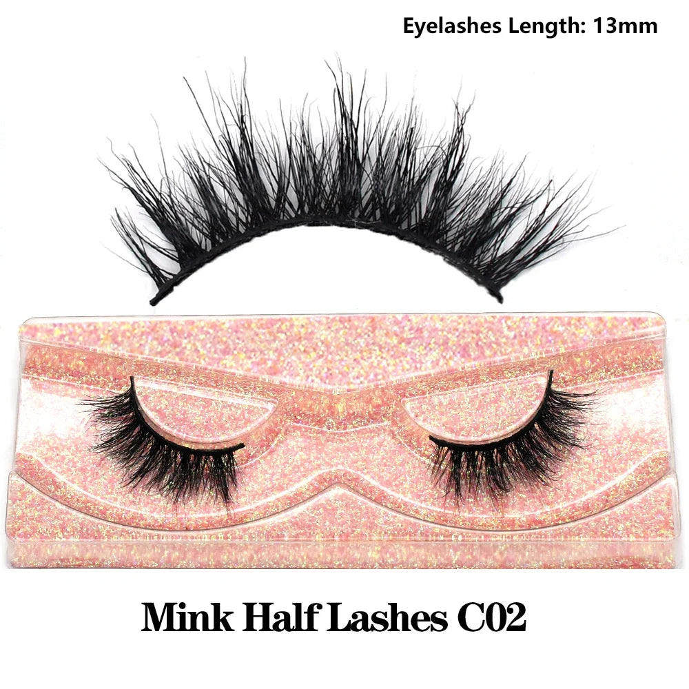 Blushimmer 3D Mink Fluffy Half False Eyelashes with clear band, natural soft lightweight design, reusable short eye strip lashes.