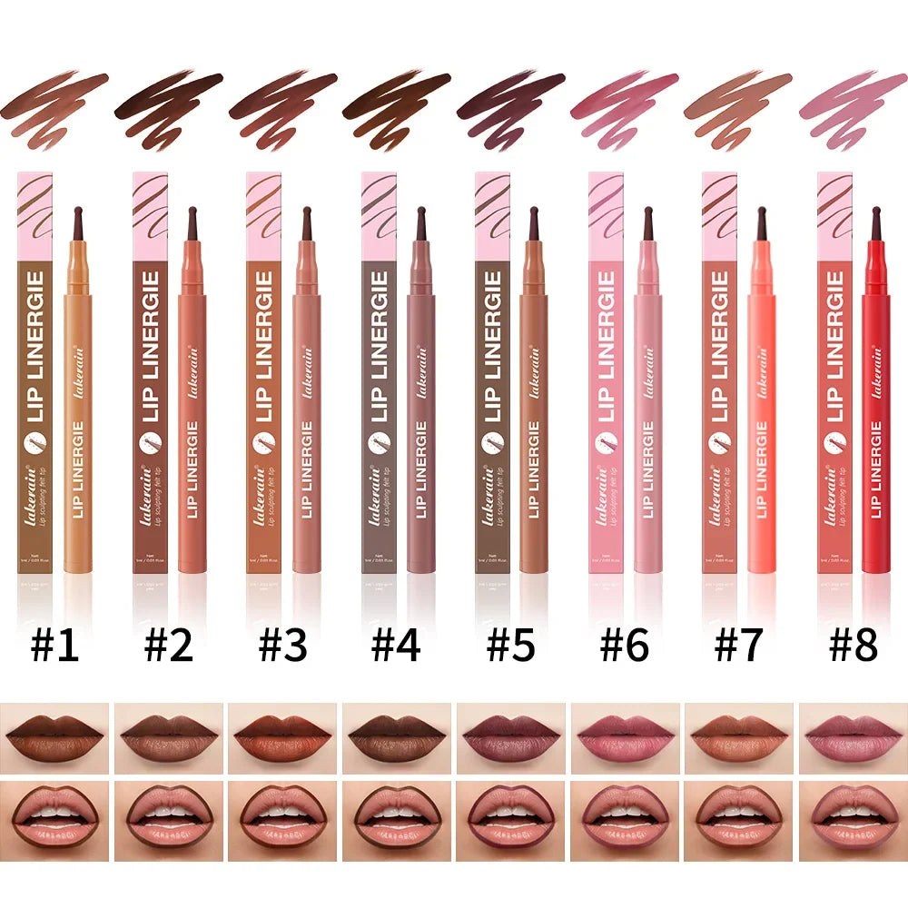 Blushimmer waterproof lip liner stain in transfer-proof, smudge-resistant formula with 8 vibrant colors on a cosmetic palette.