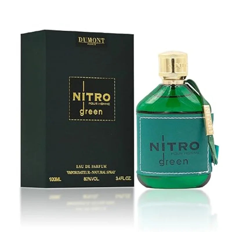 Blushimmer Dumont Nitro Elixir perfume bottle featuring black, white, blue, green, and red accents, 100ML natural Arabic cologne.