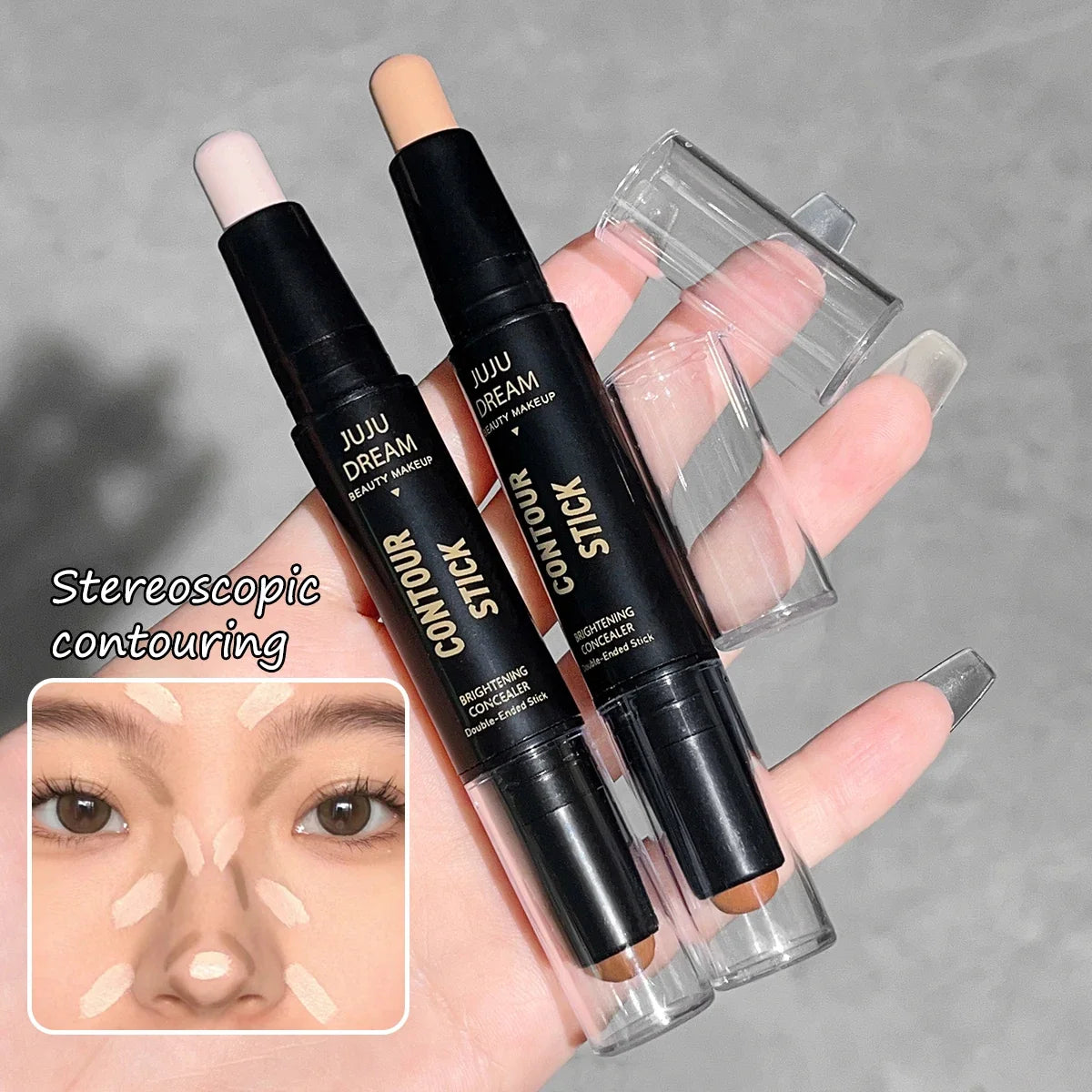 Blushimmer dual-ended highlighter and concealer pen with natural three-dimensional shadow wand for highlighting and contouring.