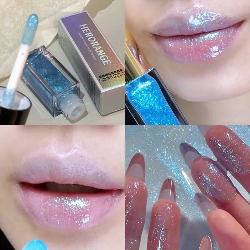 Blue mermaid color lip gloss by Blushimmer with pearlescent shine, diamond sparkle, waterproof formula, perfect for shimmering lips.