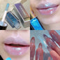Blue mermaid color lip gloss by Blushimmer with pearlescent shine, diamond sparkle, waterproof formula, perfect for shimmering lips.