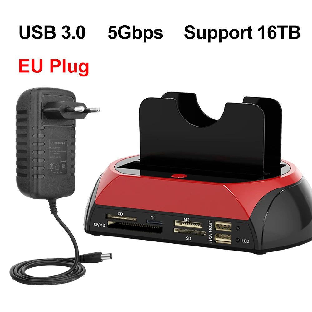 10 IN 1 IDE SATA USB3.0 Dual Bay External Hard Disk Drive 2.5 inch 3.5 inch HDD Docking Station One Touch Backup HUB Card Reader