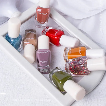 Blushimmer water-based nude nail polish with 40 color options, glitter sequins, quick-drying, long-lasting, and tearable for healthy nails
