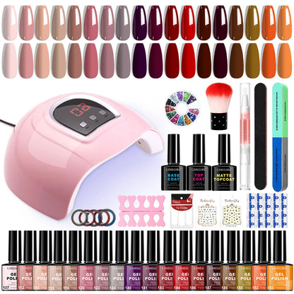 Blushimmer 18-piece gel nail polish kit with glitter, UV light, base and top coat, nail stickers, suitable for salon or home manicures