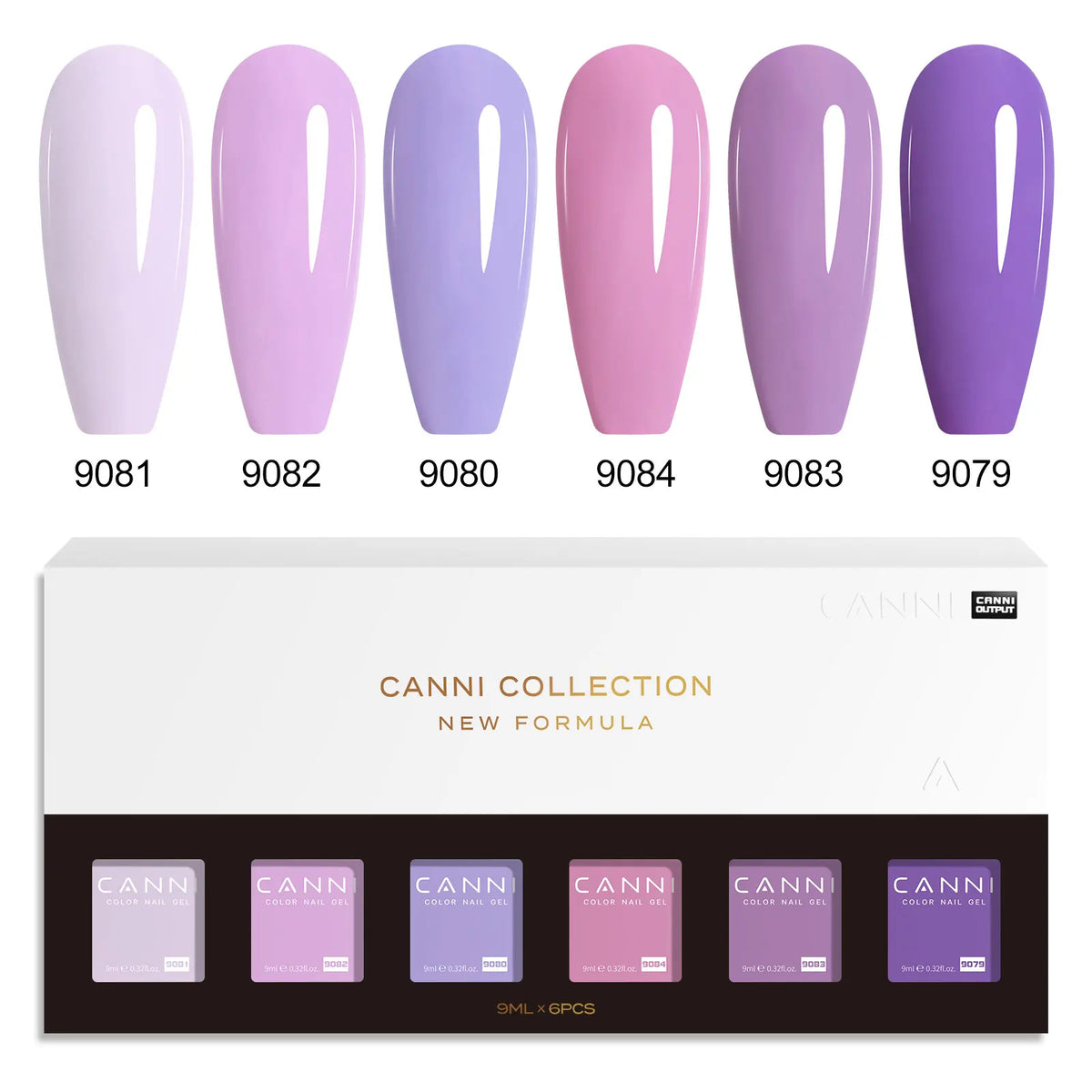 Blushimmer CANNI HEMA FREE nail gel polish set with six 9ml semi-permanent, pigmented UV LED gel nail colors in a kit.