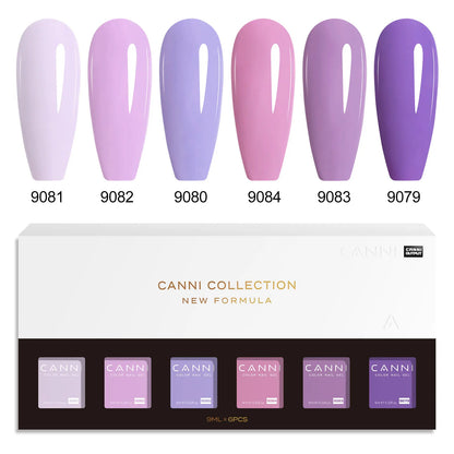 Blushimmer CANNI HEMA FREE nail gel polish set with six 9ml semi-permanent, pigmented UV LED gel nail colors in a kit.