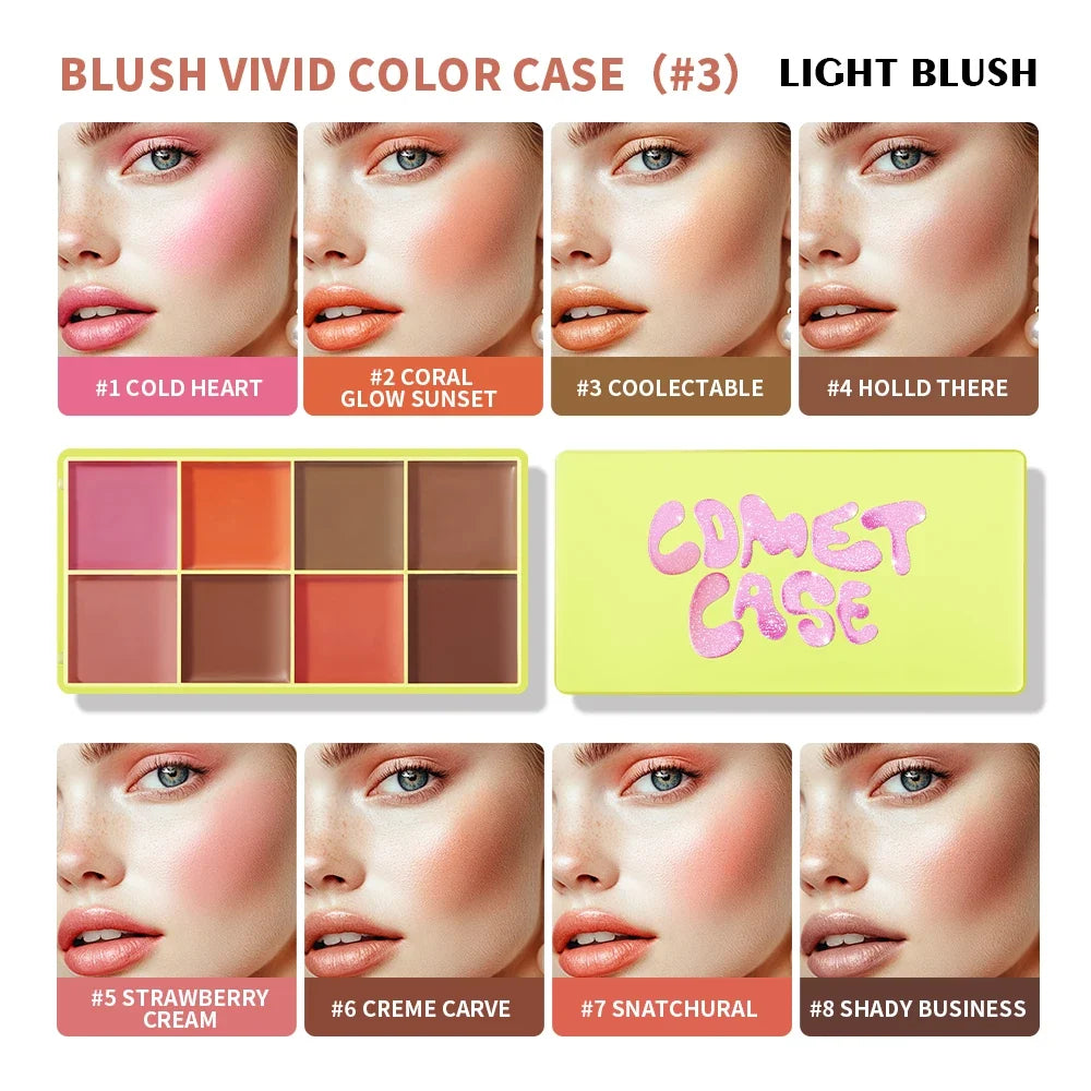 Blushimmer 8-color blusher cream palette with highlighter, face blush, and concealer in waterproof, matte finish for natural makeup look