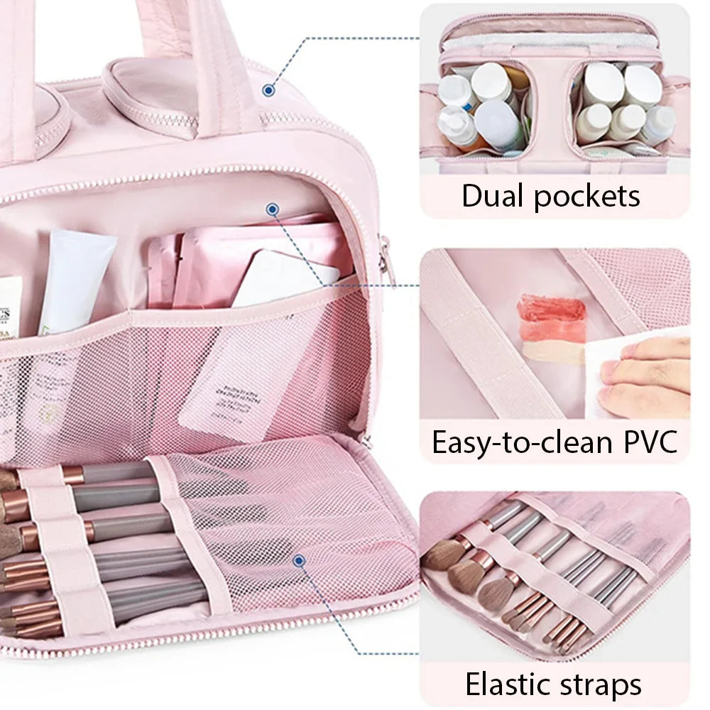 Large capacity Blushimmer cosmetic bag with waterproof compartments, ideal for travel toiletries and makeup storage.