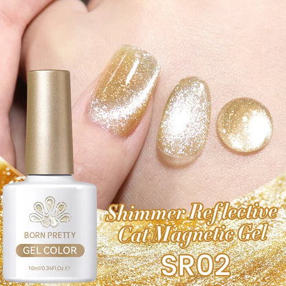 Silver shining reflective cat magnetic gel nail polish with crystal glitter from Blushimmer, soak-off UV and LED nail art gel.