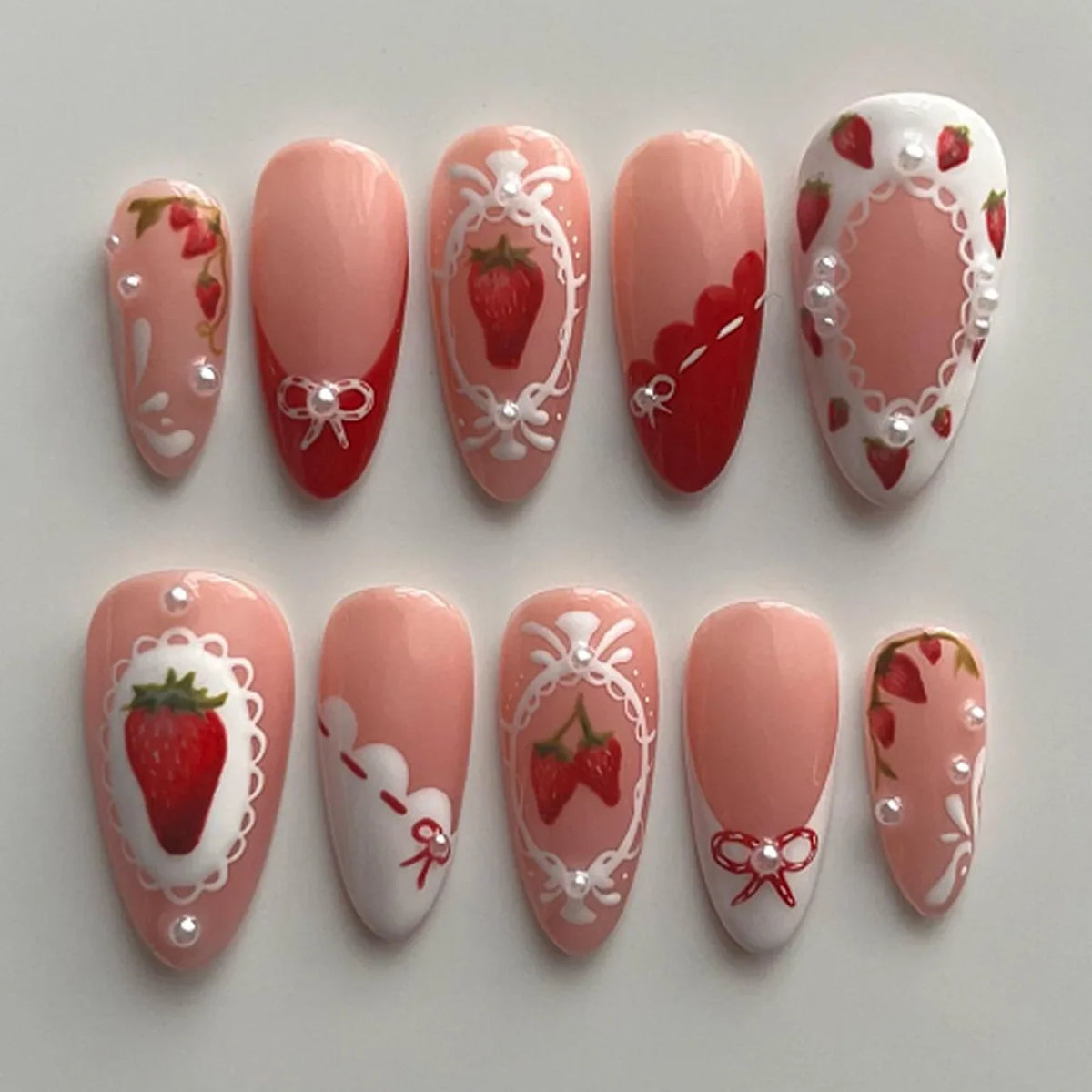Blushimmer 24-piece wine red almond press-on nails featuring cartoon rabbit, bowknot, plaid, pearl designs, French style for girls