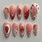 Blushimmer 24-piece wine red almond press-on nails featuring cartoon rabbit, bowknot, plaid, pearl designs, French style for girls