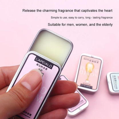 Woman body pheromone perfume solid balm by Blushimmer, portable long-lasting fragrance with light scent in a compact solid perfume container.