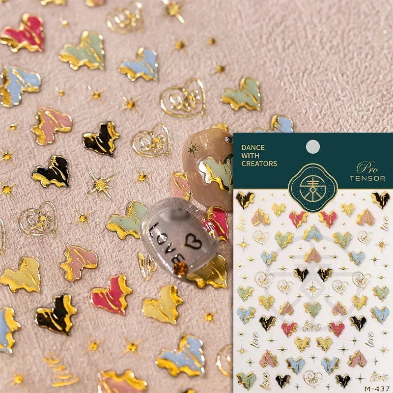 Colorful Cat's Eye 5D gradient European love heart crystal nail art stickers with geometric design by Blushimmer, self-adhesive manicure decals.