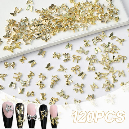 120pcs Blushimmer 3D gold bow and butterfly nail charms with shiny star accents, perfect for luxury nail art jewelry and decorations