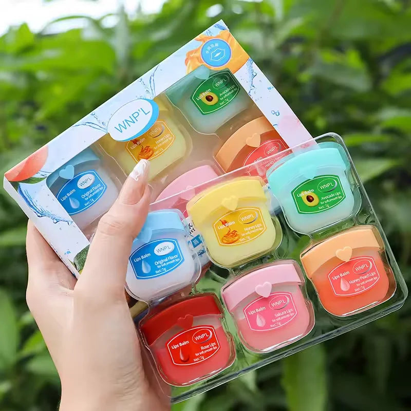 Blushimmer Fruit Series lip balm set with four, six, or eight moisturizing, non-sticky lip masks in colorful packaging for soft lips
