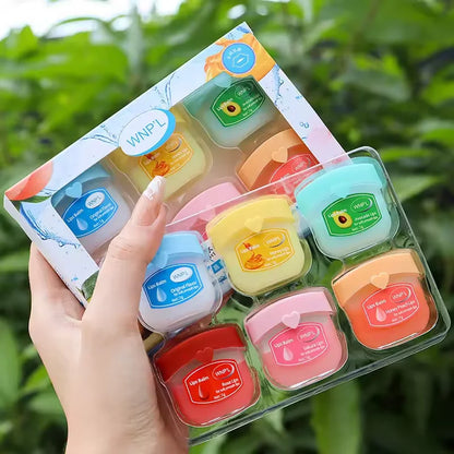 Blushimmer Fruit Series lip balm set with four, six, or eight moisturizing, non-sticky lip masks in colorful packaging for soft lips