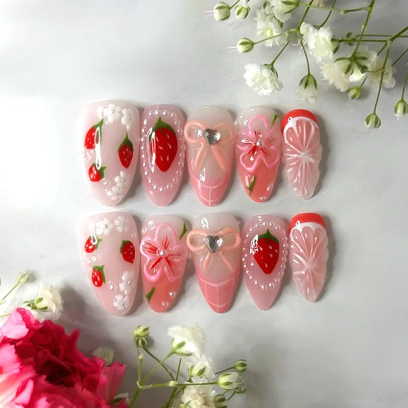 Set of 24 Blushimmer wine red almond press-on nails with cartoon rabbit, bowknot, plaid, and pearl designs for girls.