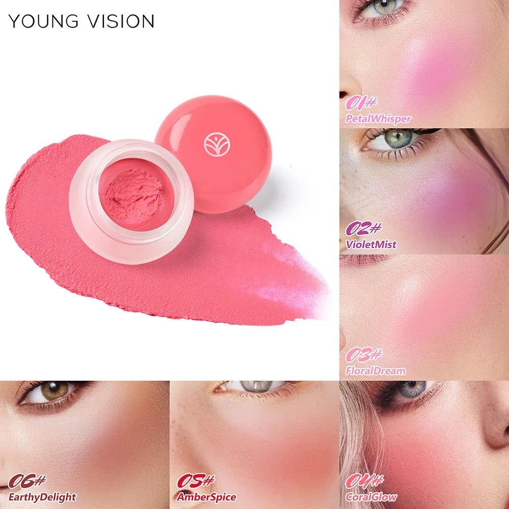 Blushimmer 6-color mousse texture powder blush in a delicate matte velvet finish with a finger puff applicator.