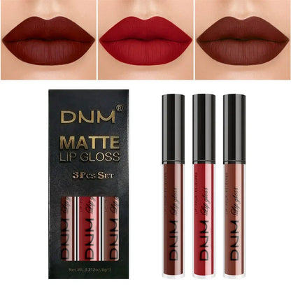Set of three waterproof liquid lipsticks in red, blue, and purple matte shades by Blushimmer with nude tint and long-lasting formula.