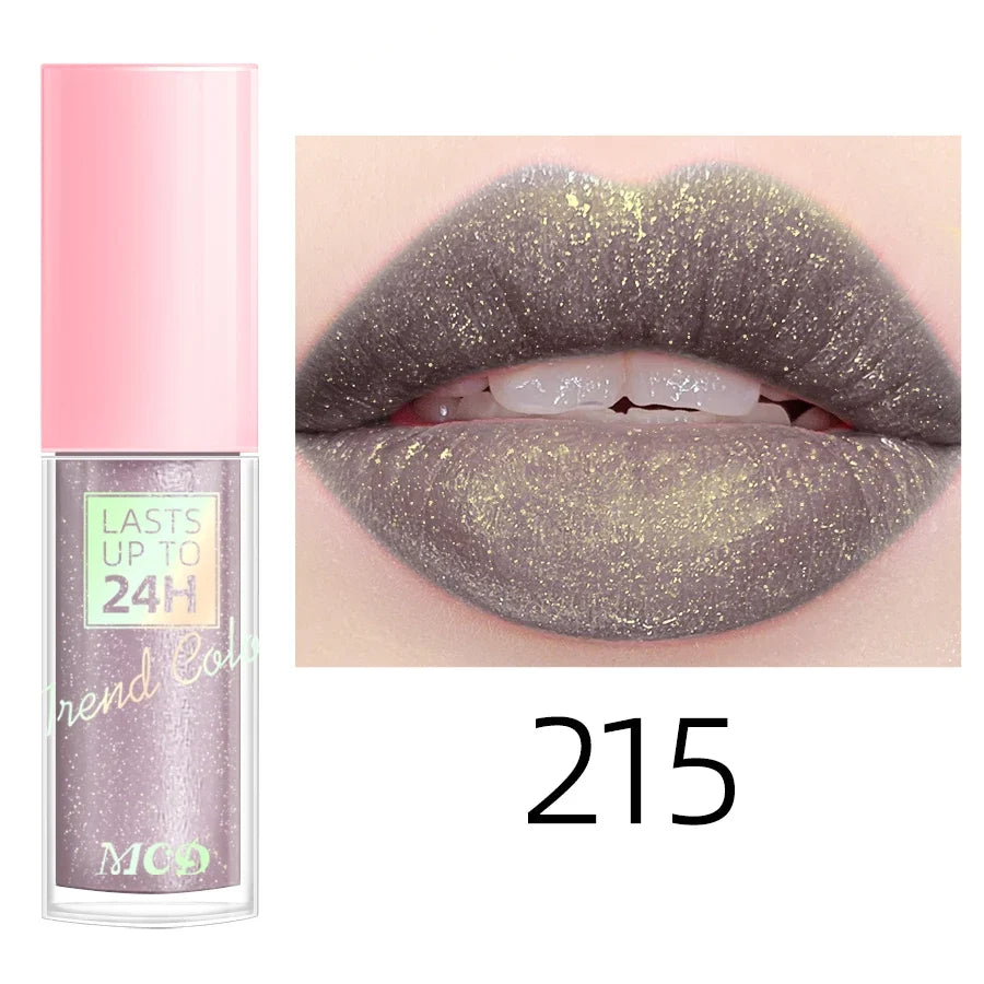 Blushimmer 18-color glitter lip gloss with long-lasting, waterproof liquid lipstick, lip oil, tint, and moisturizing lip balm in a sleek tube