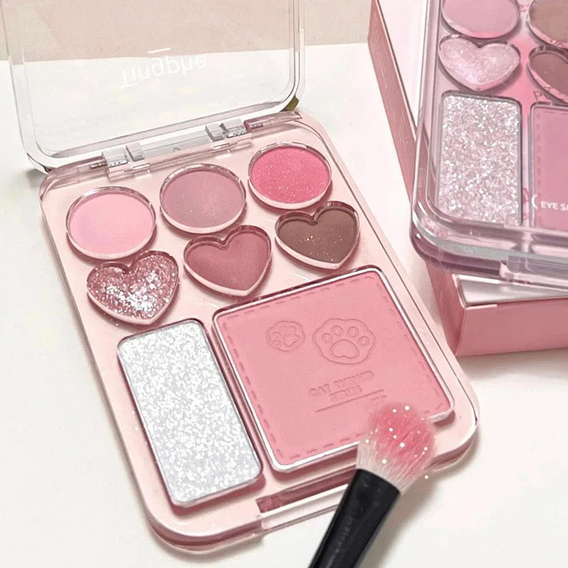 Blushimmer 8-color pink and orange eyeshadow palette with blush and highlighter, heart-shaped makeup for bright, lasting eye looks