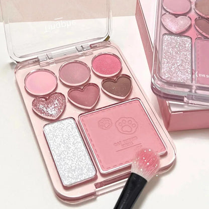 Blushimmer 8-color pink and orange eyeshadow palette with blush and highlighter, heart-shaped makeup for bright, lasting eye looks